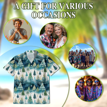 Netecom Christmas Tree Hawaiian Shirt for Men, Festive Holiday Pine Forest Button Down Summer Beach Short Sleeve Shirt