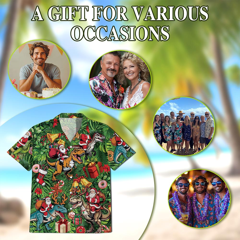 Netecom Santa Claus Riding Dinosaur Christmas Hawaiian Shirt, Funny T-Rex Holiday Button Down Summer Beach Shirt, S-5XL