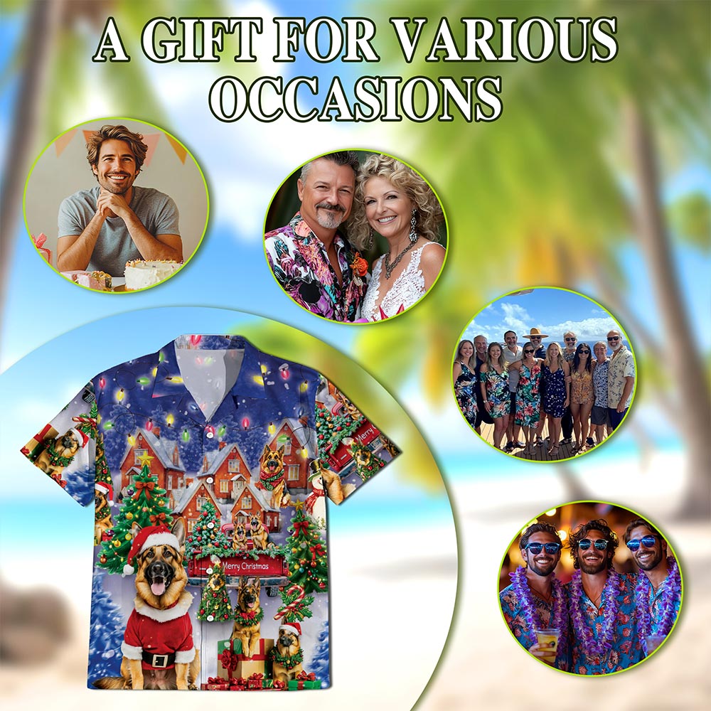 Netecom German Shepherd Christmas Hawaiian Shirt for Men, Festive Dog Holiday Print Button Down Summer Beach Shirt, S-5XL