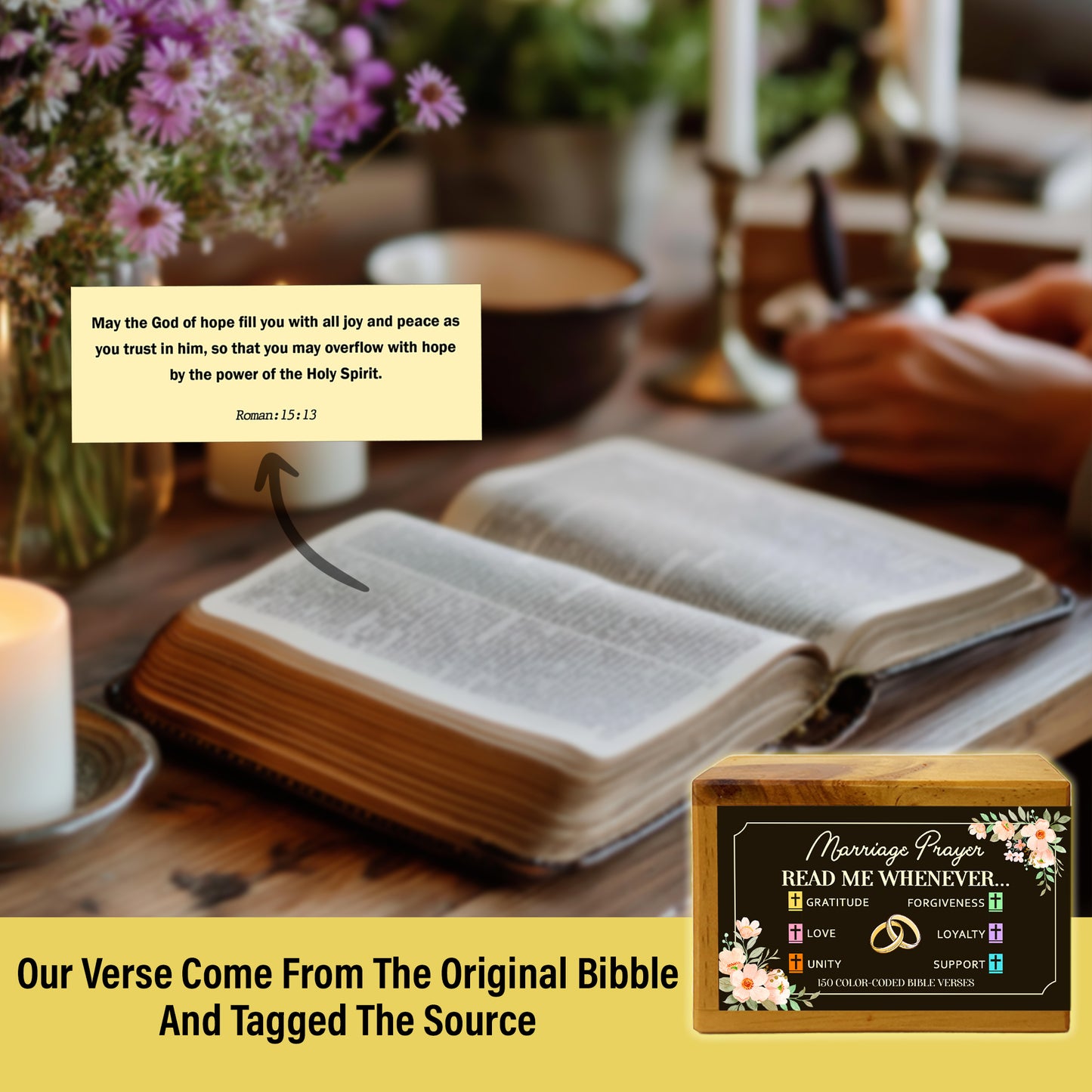 Marriage Prayer Bible Verses Wooden Box with Walnut Cross – 150 Color-Coded Christian Scriptures for Love, Unity, Gratitude, Forgiveness & Support