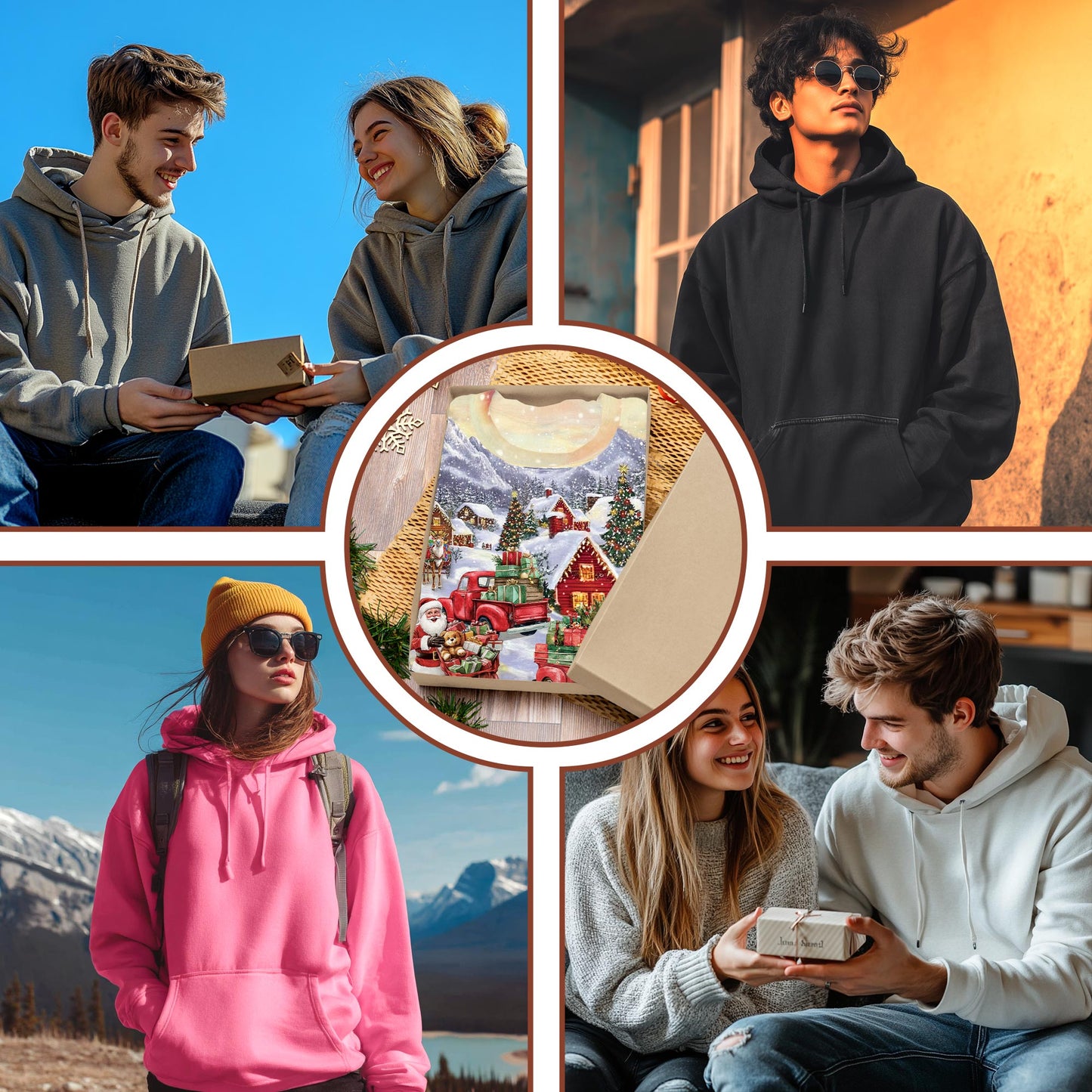 Netecom Christmas Red Truck 3D Hoodie with Front Pocket, Unisex Casual All Over Santa Claus Snow Graphic Sweatshirt