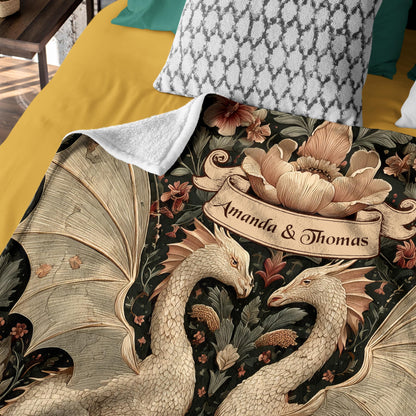 Netecom Personalized Dragon Couple Blanket with Names and Established Date, Gothic Floral Fantasy Throw Blanket for Couch, Bed or Sofa, Romantic Gift for Couples, Anniversary or Wedding Present