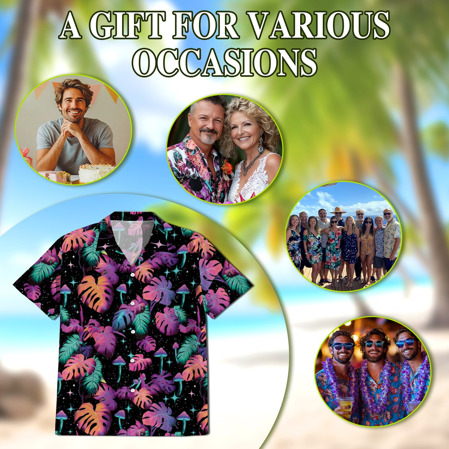 Netecom Tropical Neon Mushroom Hawaiian Shirt for Men, Fungi Lover Gifts, Botanical Button Down Summer Beach Shirts