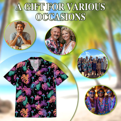 Netecom Tropical Neon Mushroom Hawaiian Shirt for Men, Fungi Lover Gifts, Botanical Button Down Summer Beach Shirts