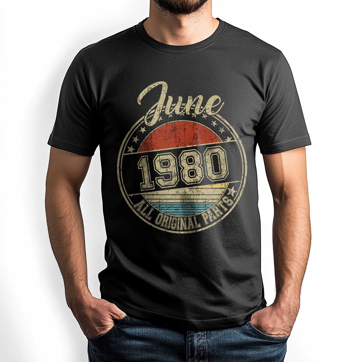 Netecom June 1980 All Original Parts T-Shirt, Retro Birthday Shirt for Men, Perfect Gift for June Birthday