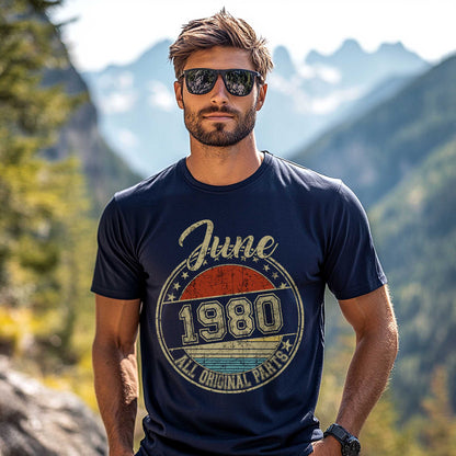 Netecom June 1980 All Original Parts T-Shirt, Retro Birthday Shirt for Men, Perfect Gift for June Birthday