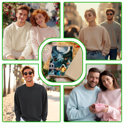 Netecom Halloween Ghost Sweatshirt 3D All Over Print, Haunted House Spooky Design, Crewneck Pullover for Costume Party