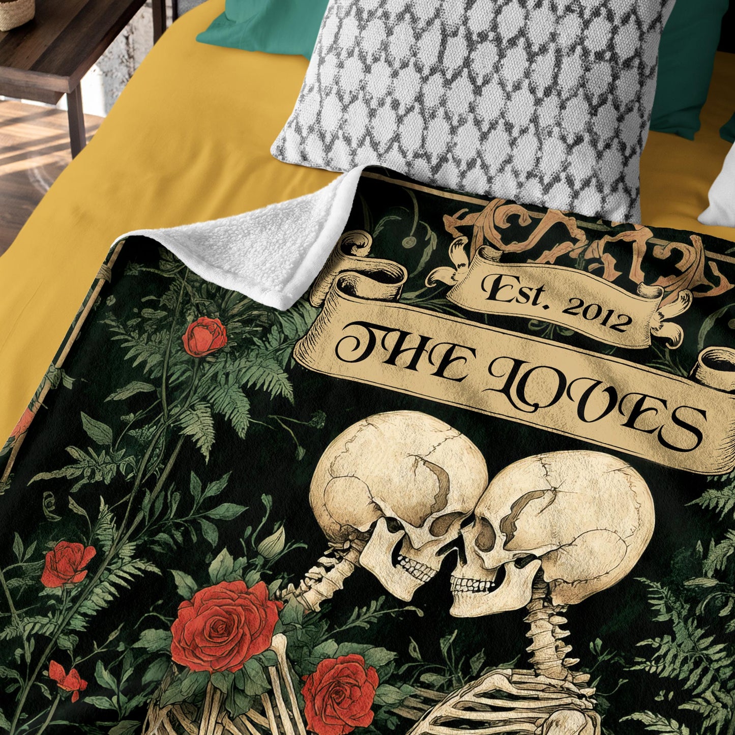 Netecom Personalized Skeleton Couple Blanket with Names and Established Date, Botanical Gothic Floral Throw Blanket for Couch, Bed or Sofa, Romantic Gift for Couples, Anniversary or Halloween Decor