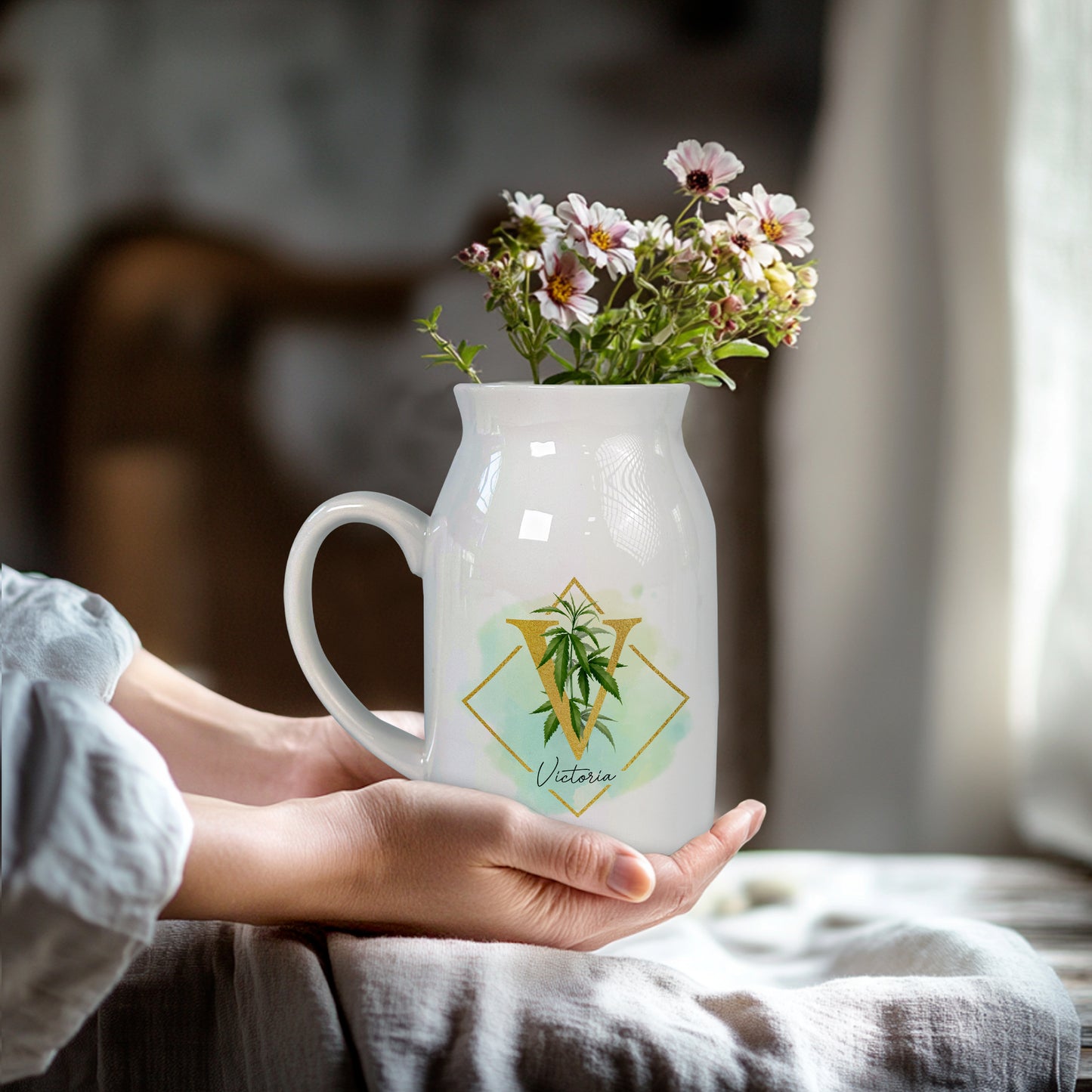 Netecom Floral Gold Initial Ceramic Pitcher with Custom Name, Elegant Farmhouse Vase for Wedding, Valentine’s Day, or Anniversary Gift