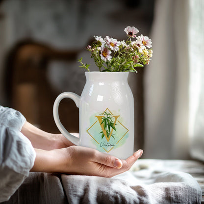Netecom Floral Gold Initial Ceramic Pitcher with Custom Name, Elegant Farmhouse Vase for Wedding, Valentine’s Day, or Anniversary Gift