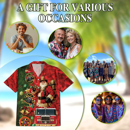Netecom Firefighter Santa Claus Christmas Hawaiian Shirt for Men, Fire Truck Holiday Button Down Summer Beach Shirt, S-5XL