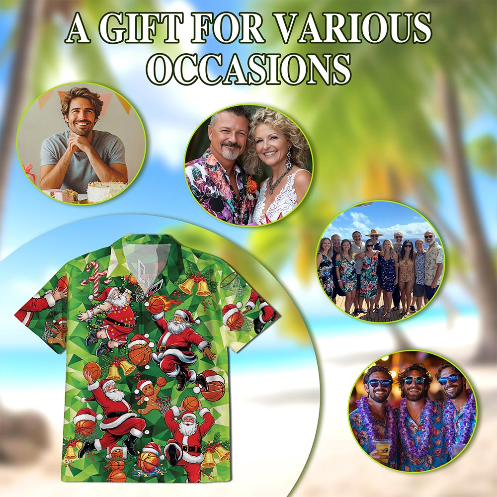 Netecom Santa Claus Basketball Christmas Hawaiian Shirt for Men, Funny Sports Holiday Button Down Summer Beach Shirt, S-5XL
