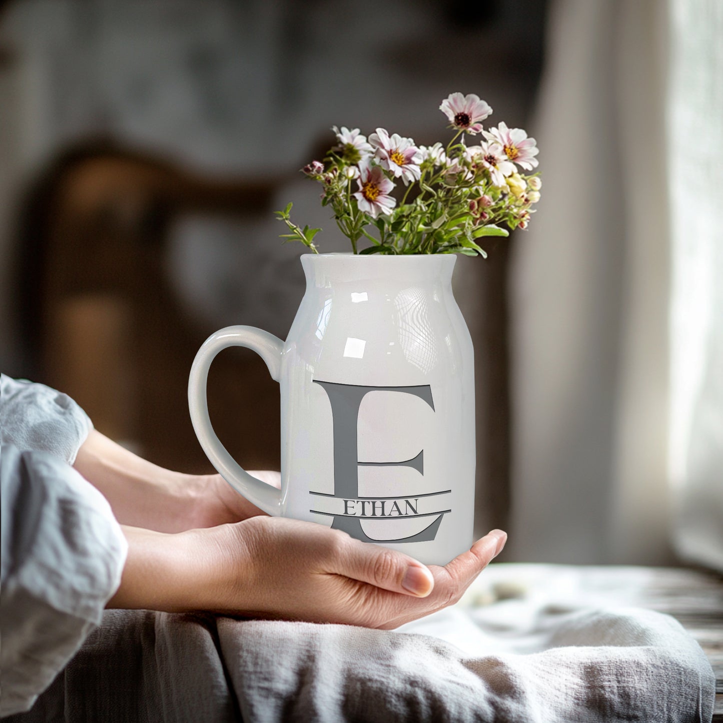 Netecom Personalized Ceramic Jug Vase with Custom Name and Initial, Elegant Farmhouse Pitcher, Minimal Home Decor, Unique Gift for Weddings, Birthdays, or Christmas