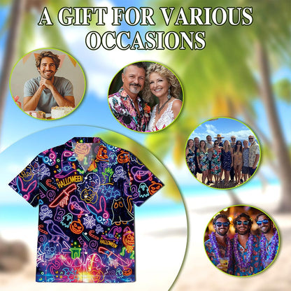 Netecom Neon Hawaiian Shirt for Men, Halloween Present, Skull Ghost Button Down Summer Beach Short Sleeve Shirts, S-5XL