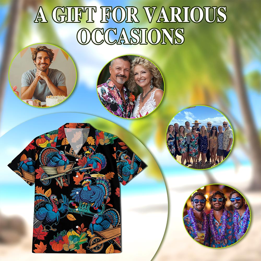 Netecom Happy Turkey Day Hawaiian Shirt for Men Women, Thanksgiving Turkey Music Button Down Summer Beach Shirts, S-5XL