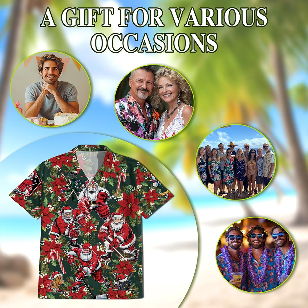 Netecom Santa Claus Hockey Hawaiian Shirt for Men, Funny Christmas Sports Aloha Button Down Summer Beach Shirt, S-5XL