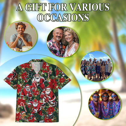 Netecom Santa Claus Hockey Hawaiian Shirt for Men, Funny Christmas Sports Aloha Button Down Summer Beach Shirt, S-5XL