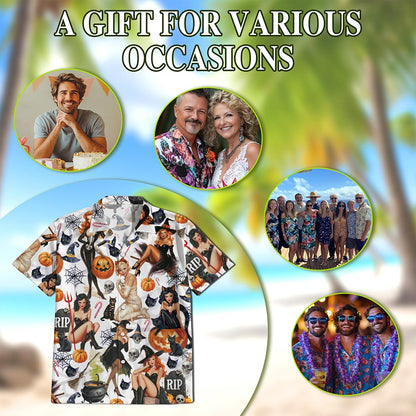Netecom Pinup Girls Hawaiian Shirt, Pumpkin Skull Halloween Button Down Summer Beach Short Sleeve Shirts, S-5XL