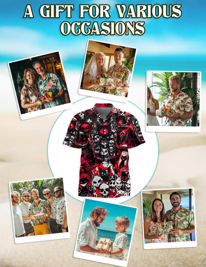 Netecom Black Cat UFO Alien Halloween Hawaiian Shirt for Men, Animal Skull Button Down Summer Beach Shirts, S-5XL