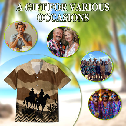 Netecom Cowboys on Horseback Hawaiian Shirt for Men, Western Desert Rider Button Down Summer Beach Short Sleeve Shirt