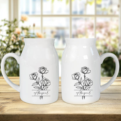 Netecom Custom Birth Month Flower Ceramic Vase with Name Personalization, Minimalist Floral Jug, Perfect Gift for Birthday