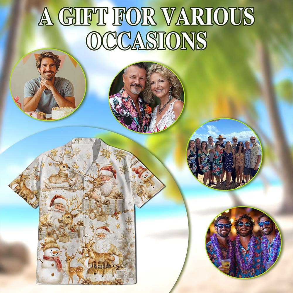 Netecom Golden Santa Claus and Reindeer Christmas Hawaiian Shirt, Elegant Holiday Button Down Summer Beach Shirt, S-5XL