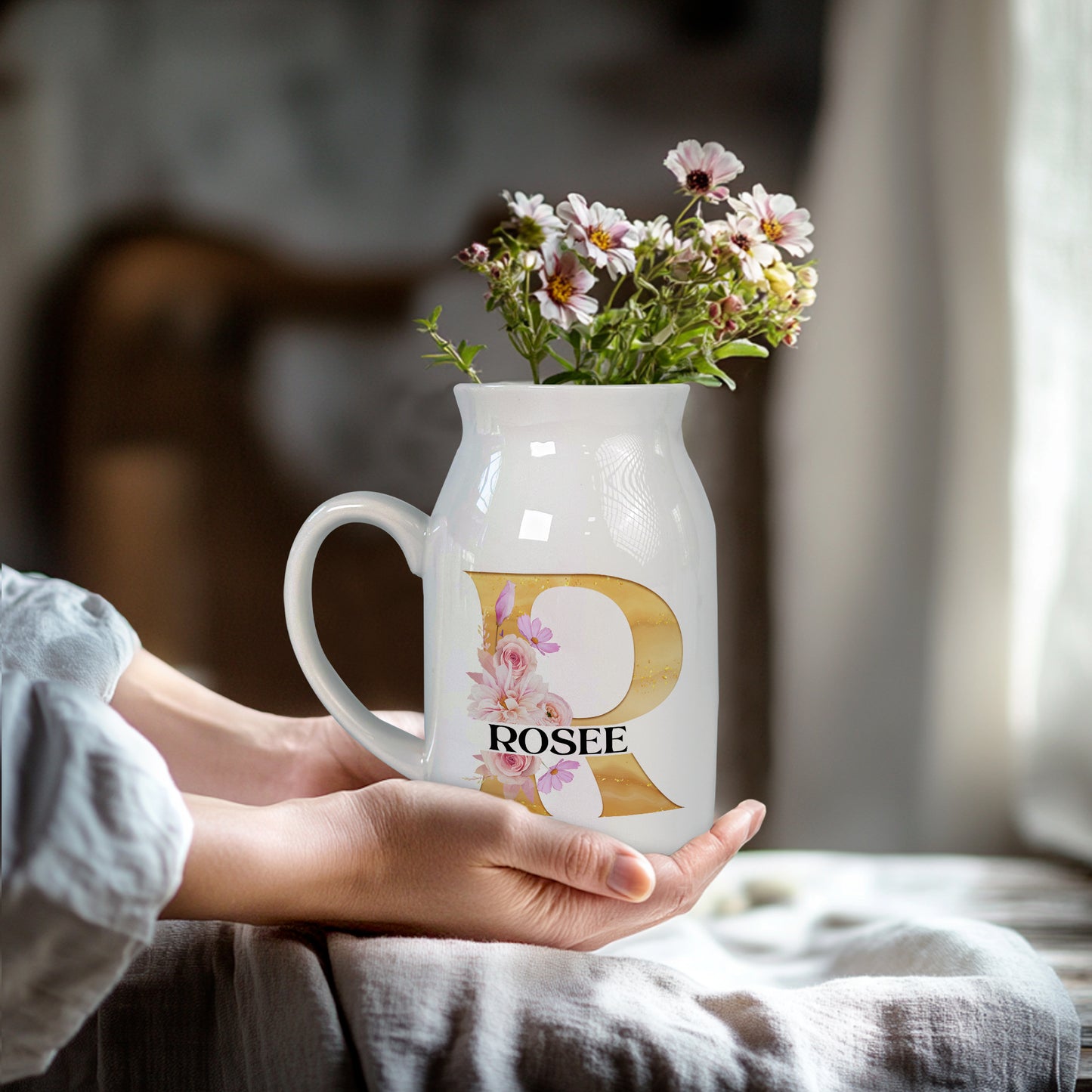 Netecom Custom Name Ceramic Flower Jug, Gold Letter Monogram Vase, Unique Personalized Gift for Birthday, Housewarming, or Holiday Season