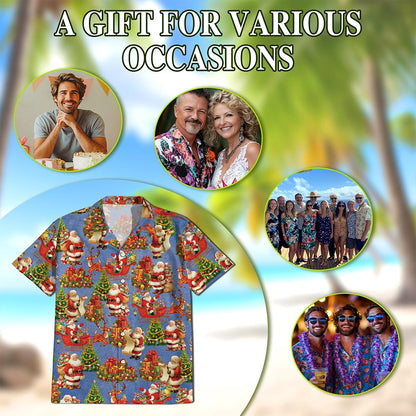 Netecom Santa Claus Christmas Night Hawaiian Shirt, Vintage Xmas Tree Gift Print Button Down Summer Beach Shirts, S-5XL