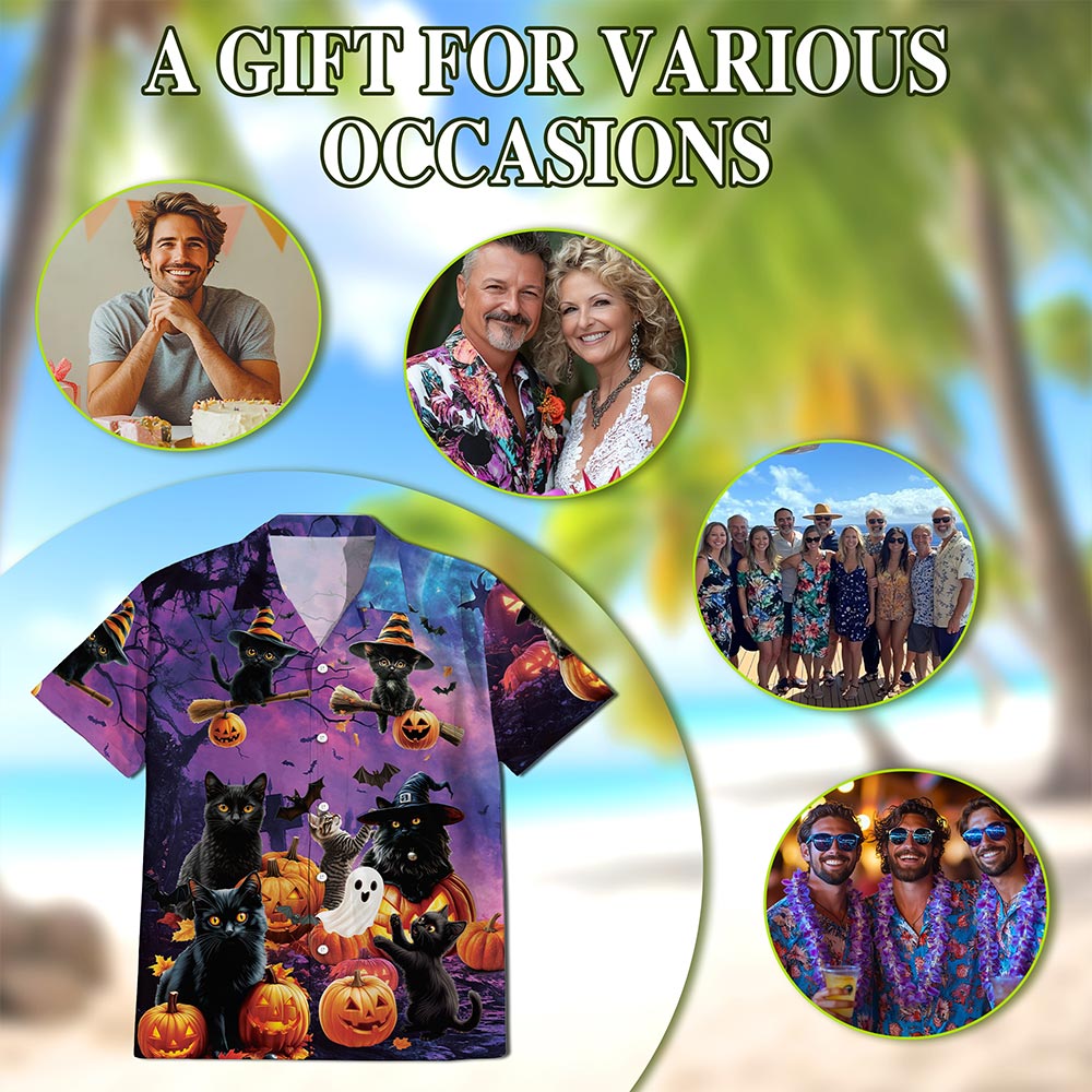 Netecom Black Cat Pumpkin Hawaiian Shirt for Men, Halloween Present, Animal Ghost Button Down Summer Short Shirts, S-5XL
