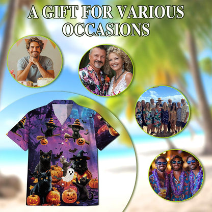 Netecom Black Cat Pumpkin Hawaiian Shirt for Men, Halloween Present, Animal Ghost Button Down Summer Short Shirts, S-5XL