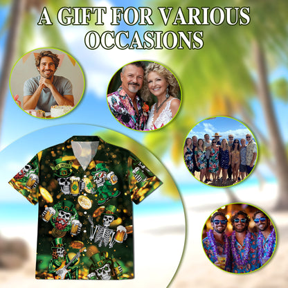Netecom St Patrick's Day Skull Beer Hawaiian Shirt for Men Women, Button Down Summer Beach Short Sleeve Shirts