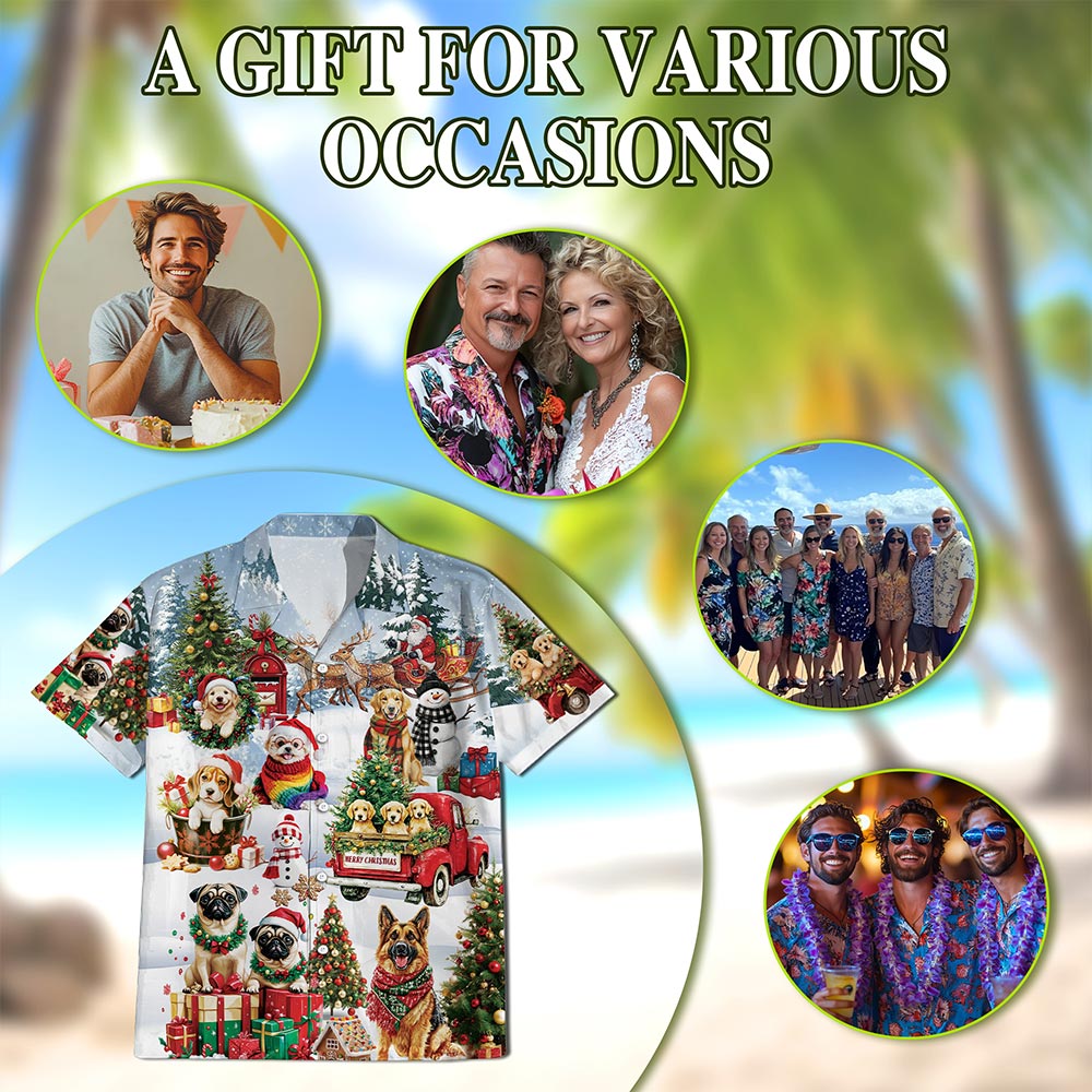 Netecom Christmas Dogs Hawaiian Shirt for Men Women, Cute Pet Holiday Print Button Down Summer Beach Shirt, S-5XL