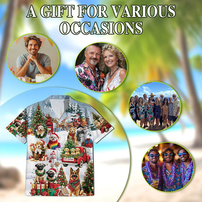 Netecom Christmas Dogs Hawaiian Shirt for Men Women, Cute Pet Holiday Print Button Down Summer Beach Shirt, S-5XL