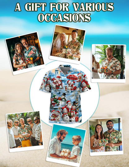 Netecom Snowman and Santa Claus Christmas Hawaiian Shirt, Winter Holiday Village Print Button Down Summer Beach Shirt, S-5XL