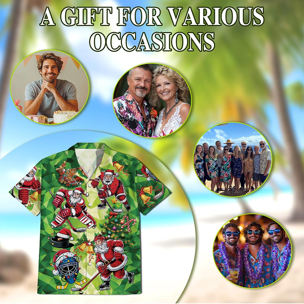 Netecom Santa Claus Ice Hockey Christmas Hawaiian Shirt, Sports Holiday Button Down Summer Beach Short Sleeve Shirt, S-5XL