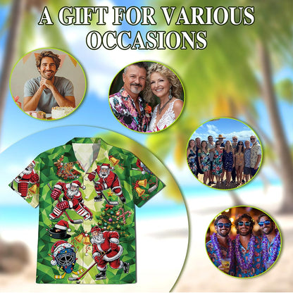 Netecom Santa Claus Ice Hockey Christmas Hawaiian Shirt, Sports Holiday Button Down Summer Beach Short Sleeve Shirt, S-5XL