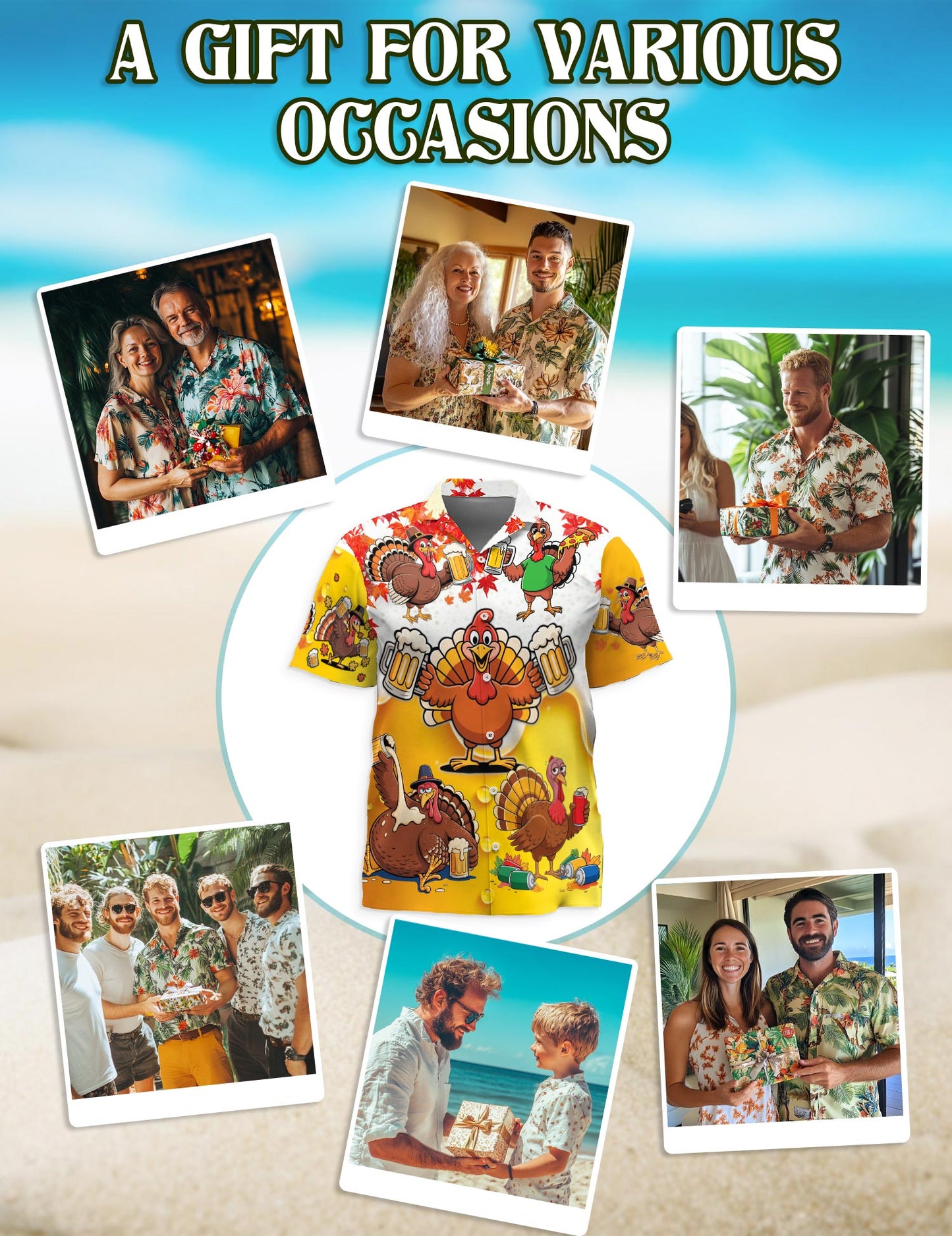 Netecom Funny Drunk Turkey Thanksgiving Hawaiian Shirt, Beer and Pizza Cartoon Print Button Down Summer Beach Shirts, S-5XL