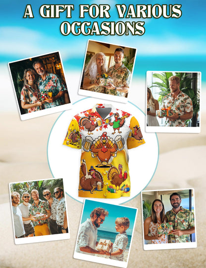 Netecom Funny Drunk Turkey Thanksgiving Hawaiian Shirt, Beer and Pizza Cartoon Print Button Down Summer Beach Shirts, S-5XL