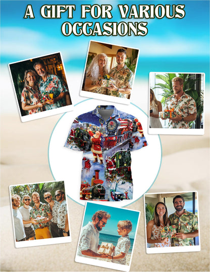 Netecom Santa Claus Christmas Train Hawaiian Shirt, Holiday Locomotive Night Ride Short Sleeve Button Down Shirt, S-5XL