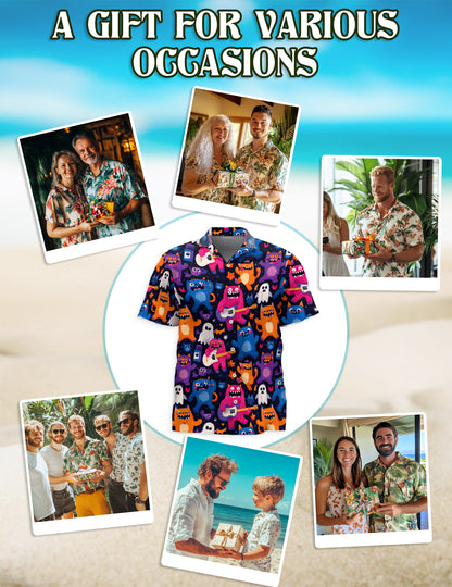 Netecom Cute Monster Art Hawaiian Shirt for Men Women, Cartoon Button Down Summer Aloha Beach Short Sleeve Shirts