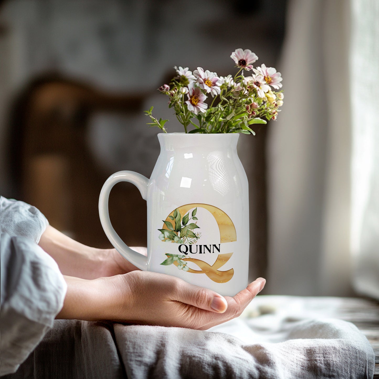 Netecom Personalized Ceramic Jug Vase with Gold Floral Initial and Name, Elegant Home Decor Pitcher, Perfect Gift for Christmas, Weddings, or Mother’s Day