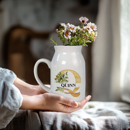 Netecom Personalized Ceramic Jug Vase with Gold Floral Initial and Name, Elegant Home Decor Pitcher, Perfect Gift for Christmas, Weddings, or Mother’s Day