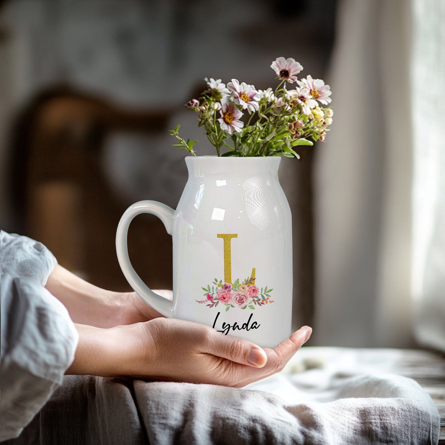 Netecom Custom Initial and Name Ceramic Jug, Modern Floral Vase, Thoughtful Gift for Mother’s Day, Birthday, or Housewarming