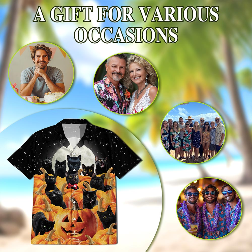 Netecom Cute Black Cat Pumpkin Hawaiian Shirt for Men, Halloween Present, Animal Button Down Summer Beach Shirts, S-5XL