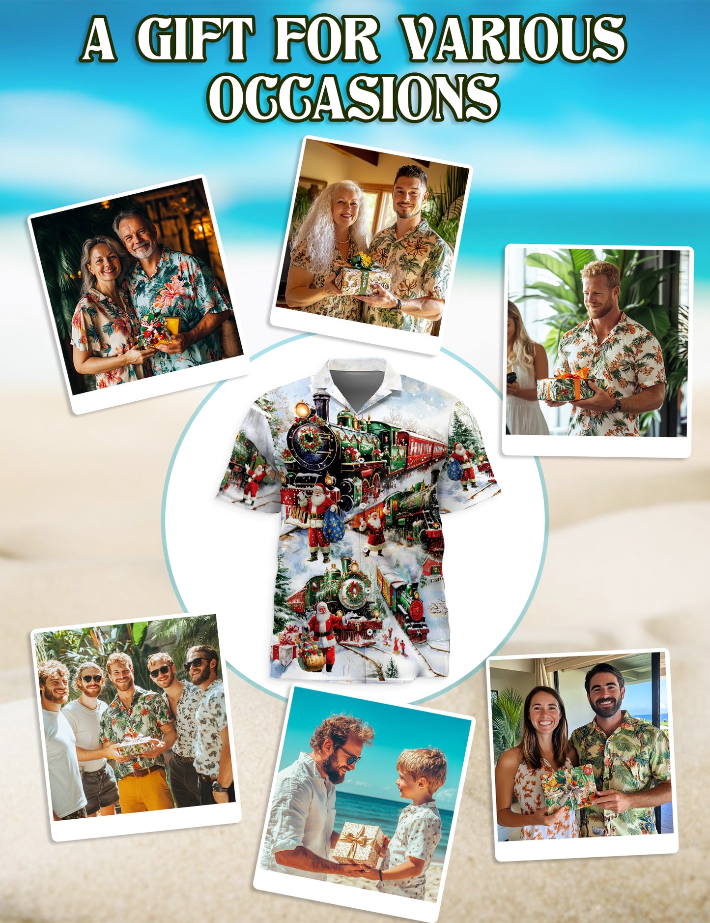 Netecom Christmas Train Hawaiian Shirt for Men, Vintage Santa Claus Winter Print Button Down Summer Beach Shirts
