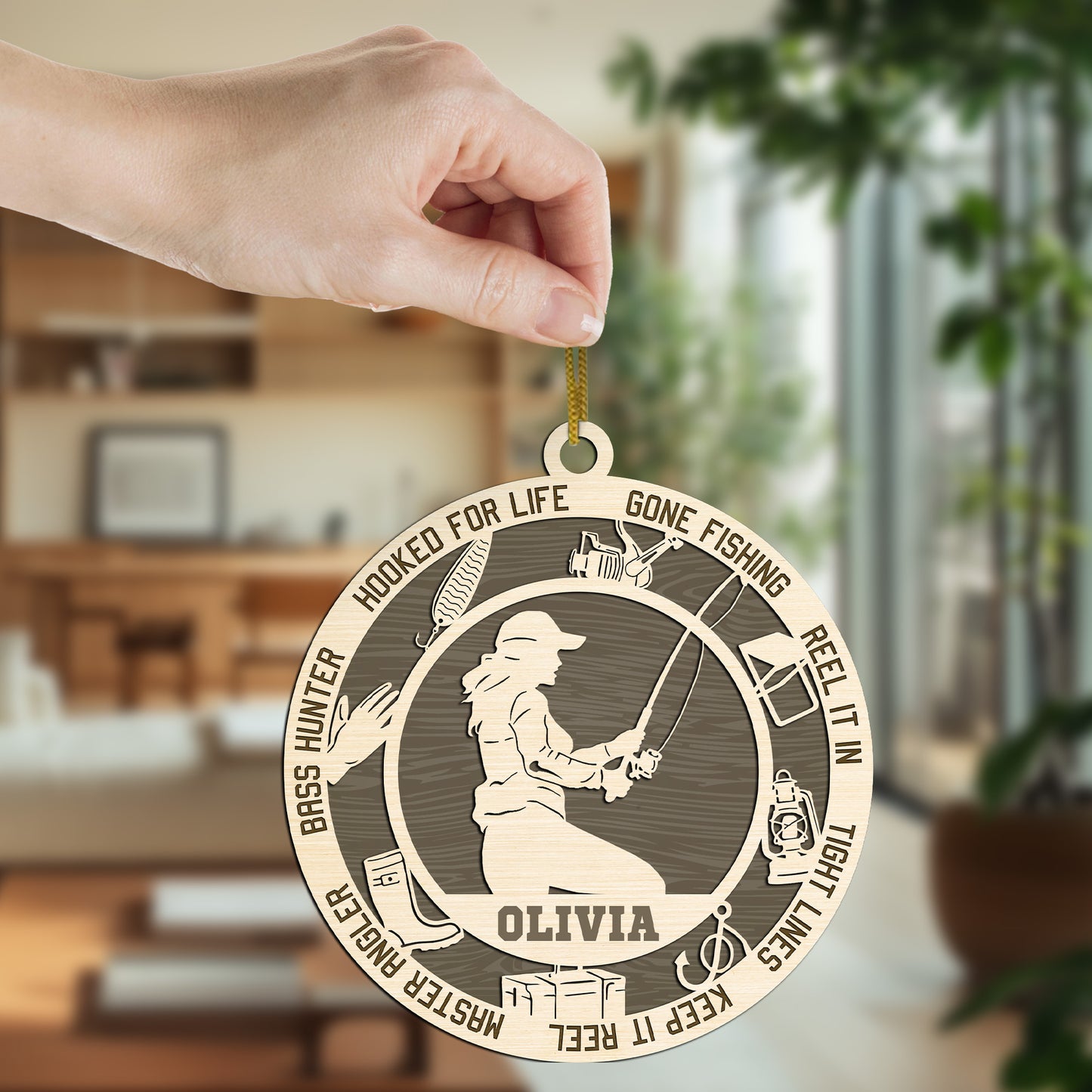 Netecom Personalized Custom Fishing Ornament – Personalized Wooden Fishing Design with “Gone Fishing” & Custom Name