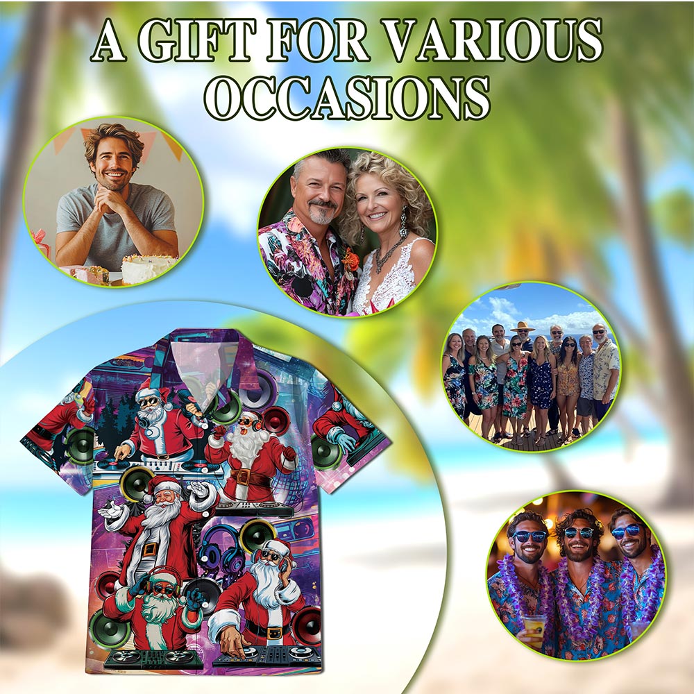 Netecom DJ Santa Claus Christmas Hawaiian Shirt, Music Party Holiday Print Button Down Summer Beach Short Sleeve Shirt, S-5XL