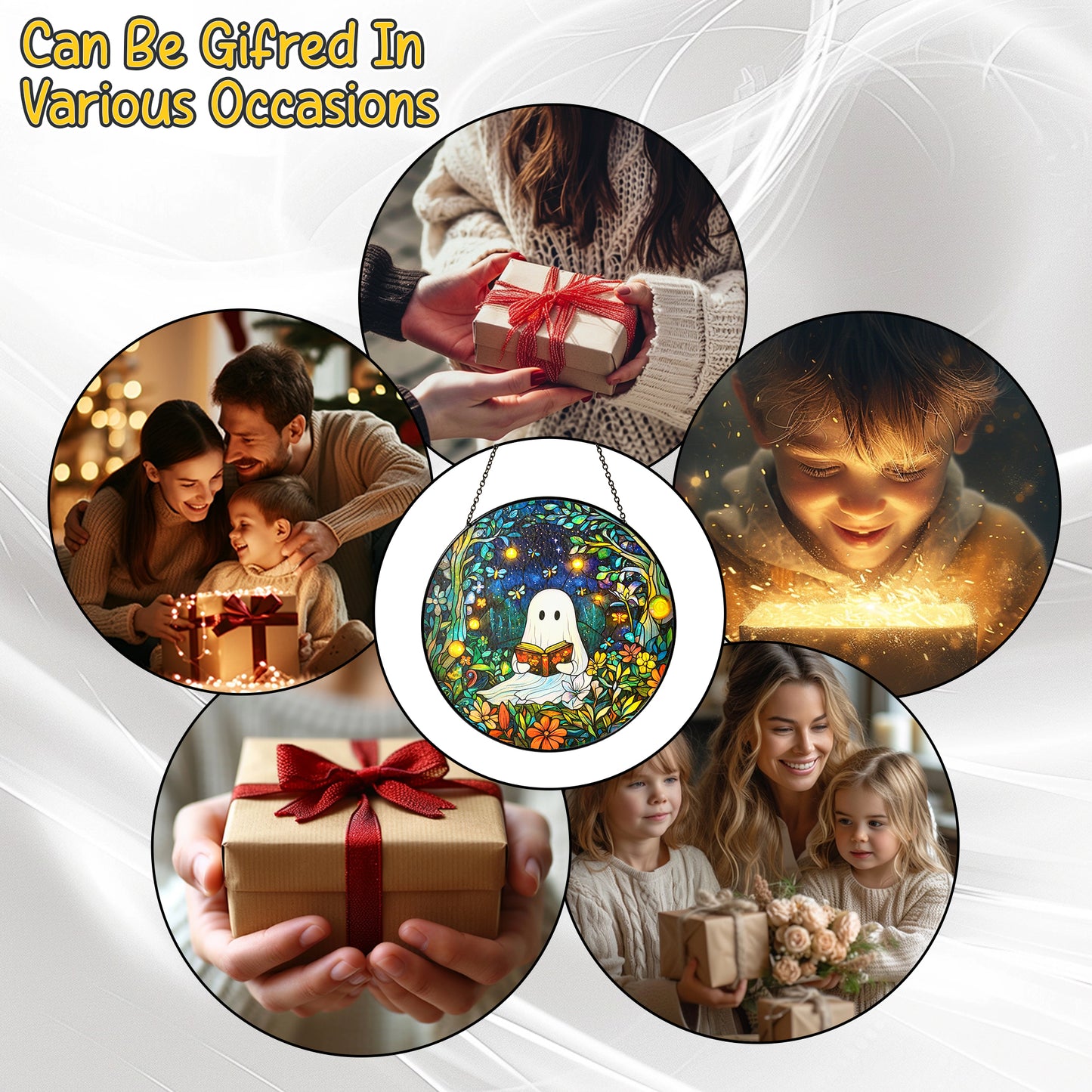 Netecom Reading Ghost in Forest Stained Glass Suncatcher, Firefly Night Window Hanging, Whimsical Glass Decor, Unique Gift for Book Lovers and Cozy Home Accent