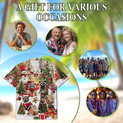 Netecom Christmas Raccoon Hawaiian Shirt for Men, Cute Animal Holiday Print Button Down Summer Beach Short Sleeve Shirt, S-5XL