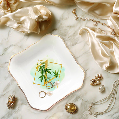 Netecom Custom Cannabis Jewelry Tray with Initials, Personalized Ceramic Tray with Gold Cannabis Design for Gifts or Home Decor